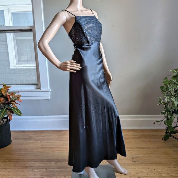 Vintage 90s Y2K Maurices Sequin Prom Gown Black Maxi Dress Strappy Siren Size 7 - Picture 3 of 11